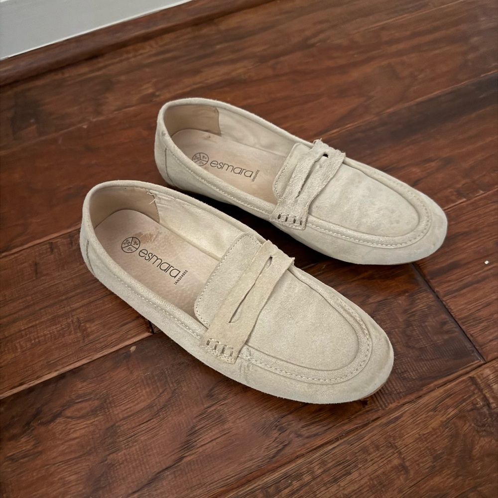 Suede Penny Loafers in Light Beige